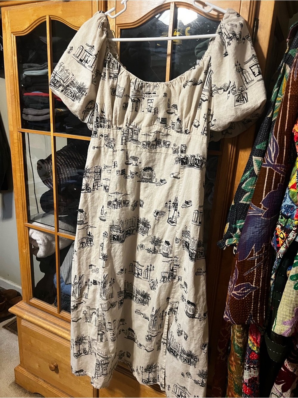 Cream Off-Shoulder Midi Dress with Black Architectural Print